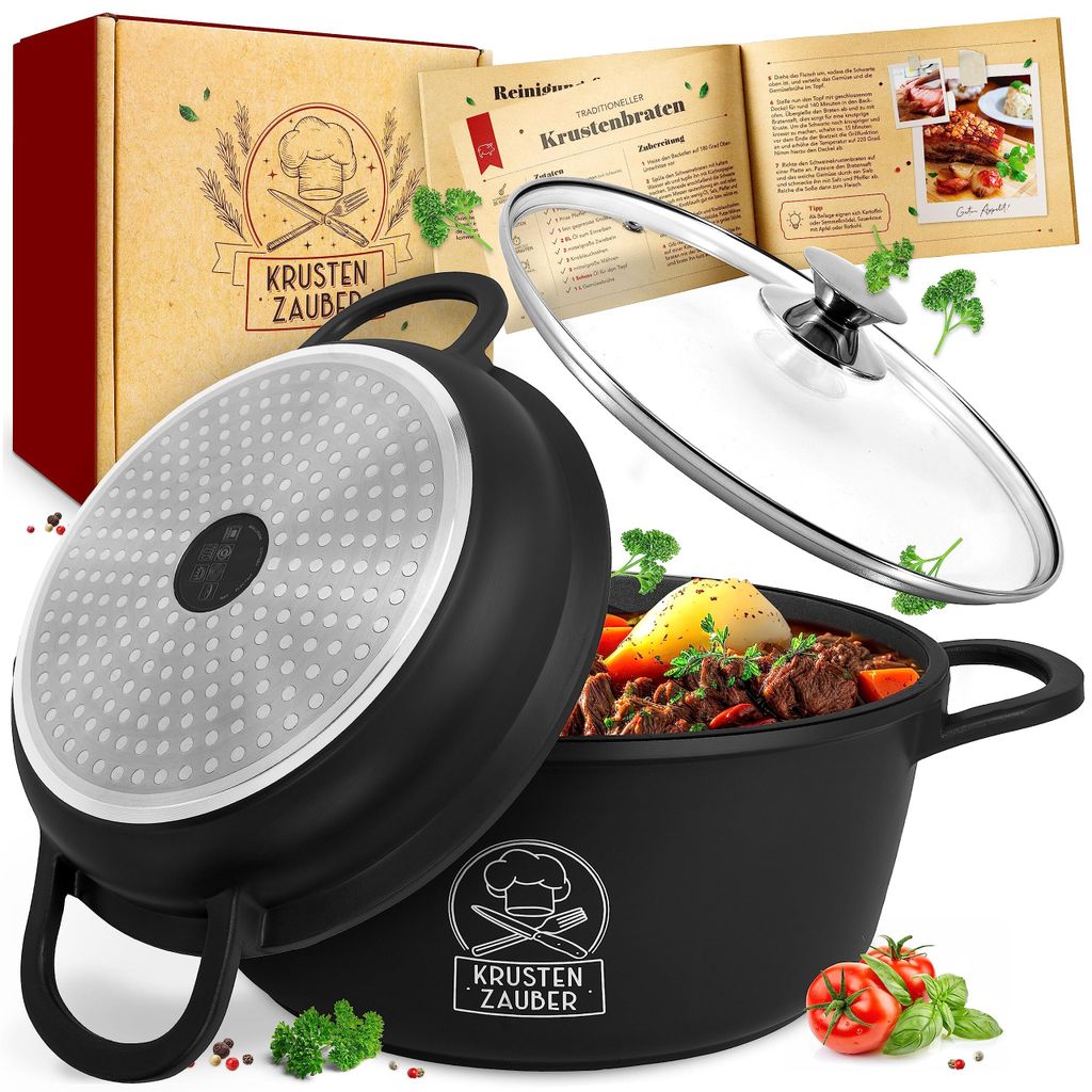 A cooking pot filled with food, a glass lid, a recipe book, and a box are arranged on a white background, with some decorative elements like herbs and spices.