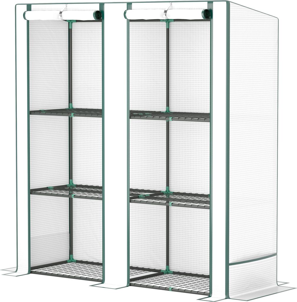 Mini-Gewächshaus mit 3-Ebenen-Regal, Kunststoff-Abdeckung, UV-beständig, tragbar, Rolltür, 144 x 48 x 152 cm, Weiß