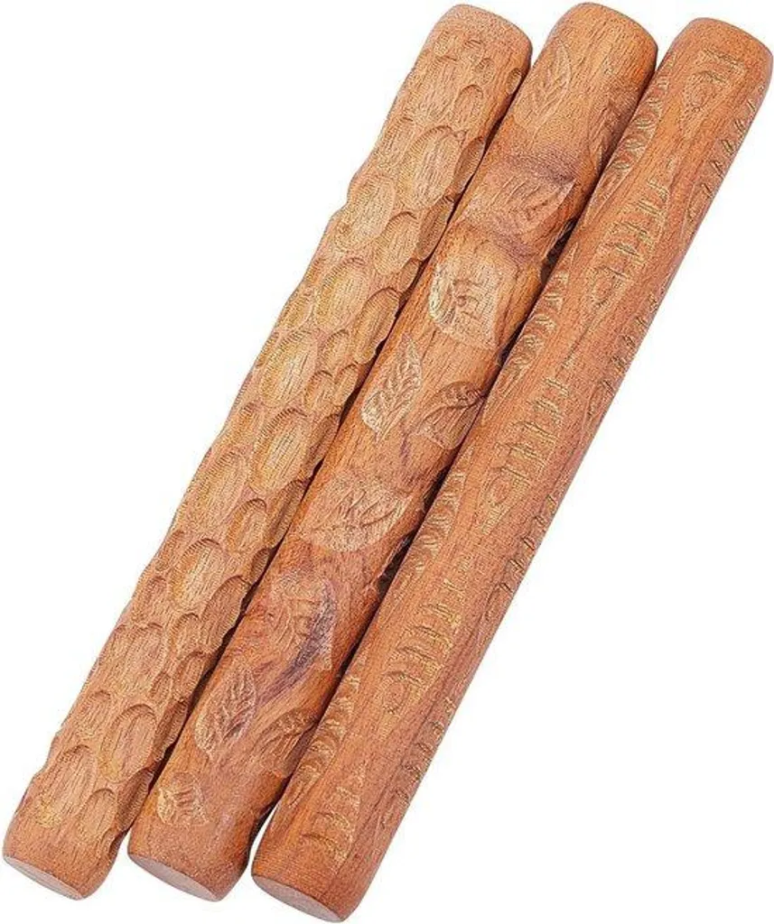 Rouleau à motif bois et lame de pierre pour poterie - Manche en bois