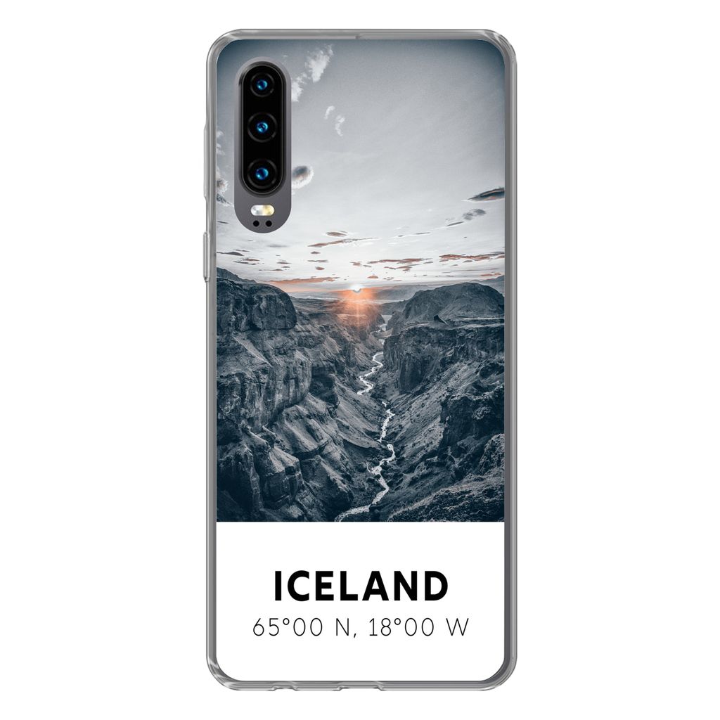 MuchoWow Handyhülle Schutzhülle Hülle für Huawei P30 Island - Sonne - Berge Silikon Softcase Handy Hülle - Kartenbesitzer