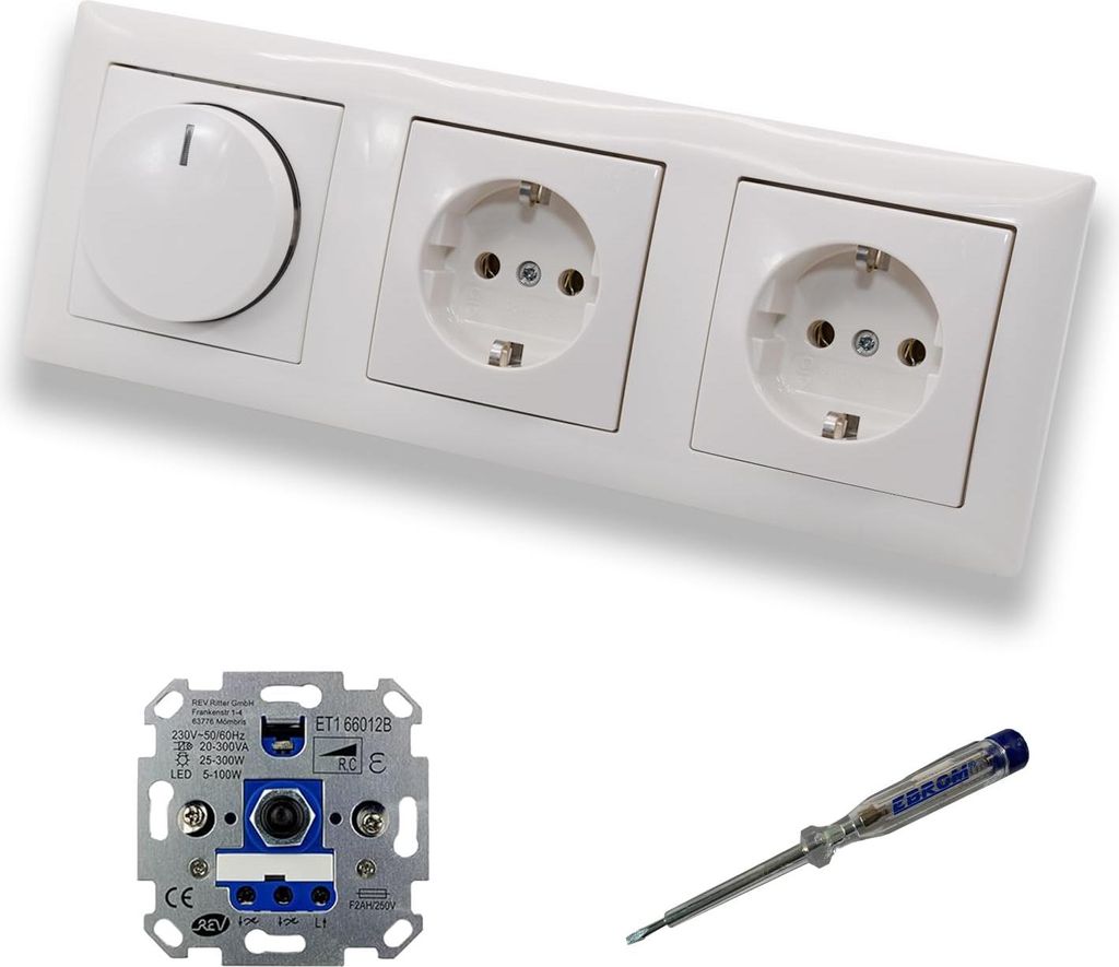 REV Ritter LED Drehdimmer Dimmer + Busch Jäger Dimmerscheibe 2115-914 und 2 x Steckdose Kinderschutz 20EUCKS-914 in Balance Si alpinweiß glänzen...
