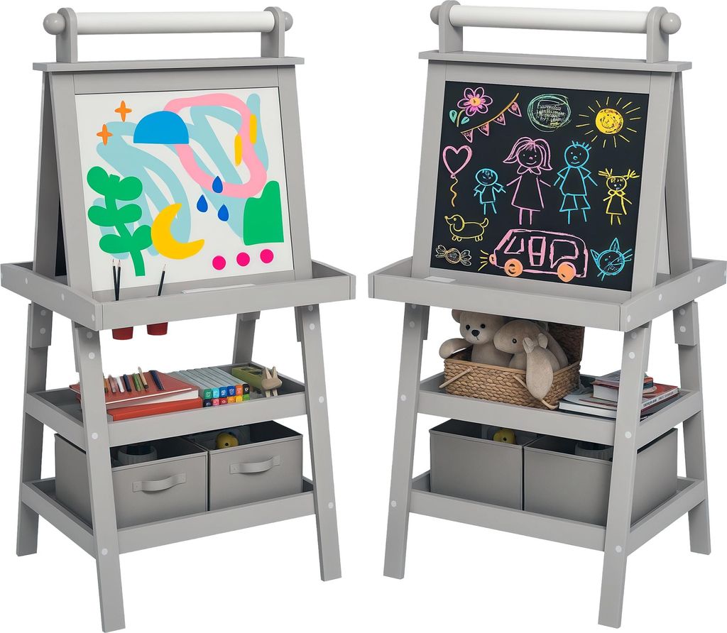 AIYAPLAY 3-in-1 Kinderstaffelei, doppelseitige Kinderstaffelei mit magnetischen weißen und schwarzen Paneelen – Papierrolle + 2 integrierte Aufb...