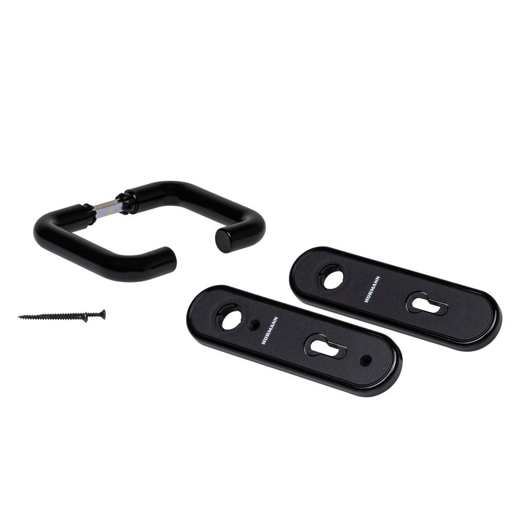 A black door handle set with two escutcheons and a screw on a white background.