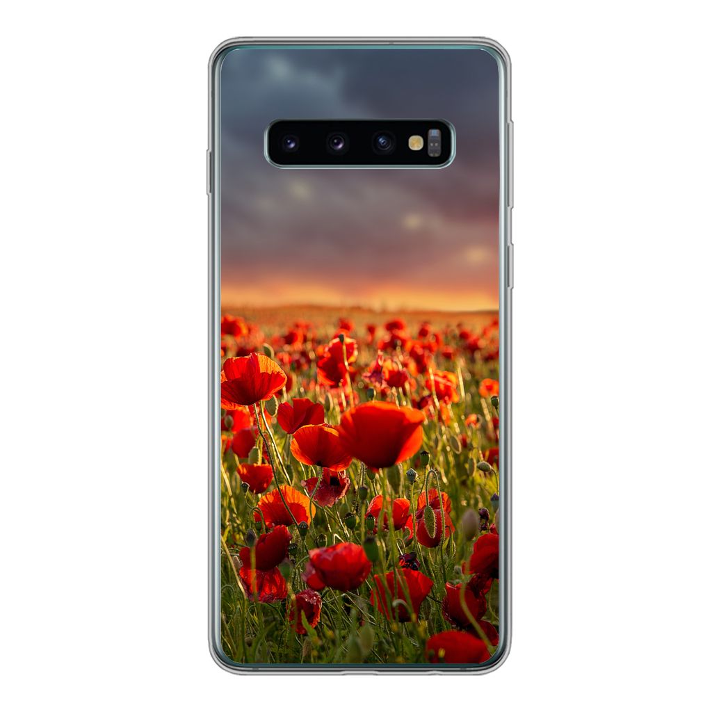 MuchoWow Handyhülle Schutzhülle Hülle für Samsung Galaxy S10 Sonnenuntergang über einem Feld von Mohnblumen Silikon Softcase Handy Hülle - ...