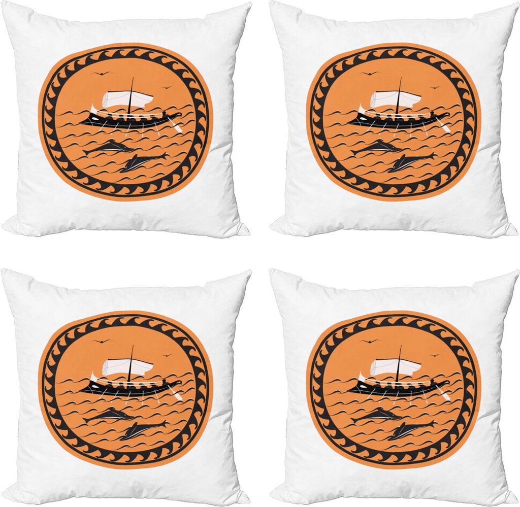 ABAKUHAUS Odyssee Kissenbezug Set (4 Stück), Griechisches Schiff auf Wellen, Moderner Doppelseitiger Digitaldruck, 60 cm x 60 cm, Orange Koksgraue