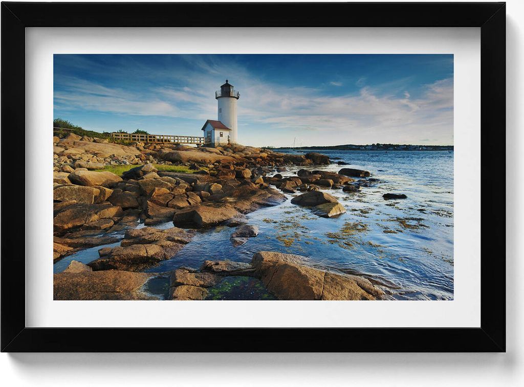 Leuchtturm, Felsen und Himmelslandschaft– Wandbild mit Rahmen – Gerahmtes Bild – Wanddekoration – 30x20 cm – Schwarz Rahmen