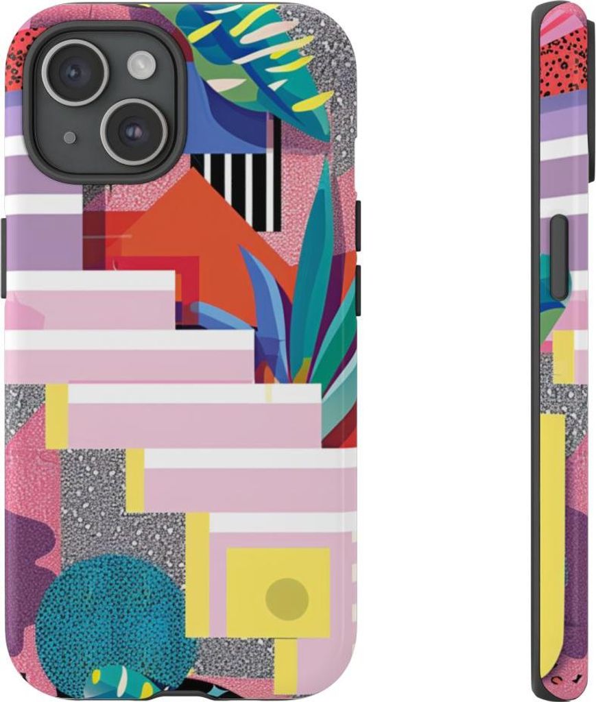 Buntes abstraktes Design mit geometrischen Formen und botanischen Elementen – Hülle Kompatibel mit iPhone 15