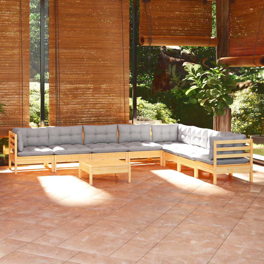 Möbel 9-tlg. Garten-Lounge-Set mit Grauen Kissen Kiefer Massivholz - Balkonmöbel 3096808