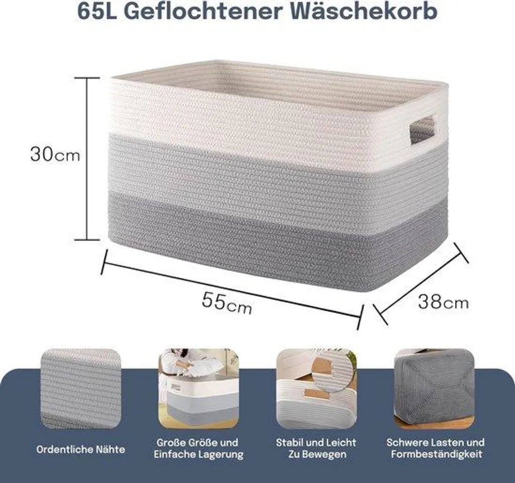 Panier à linge pliable 65L tressé - Coffre de rangement gain de place