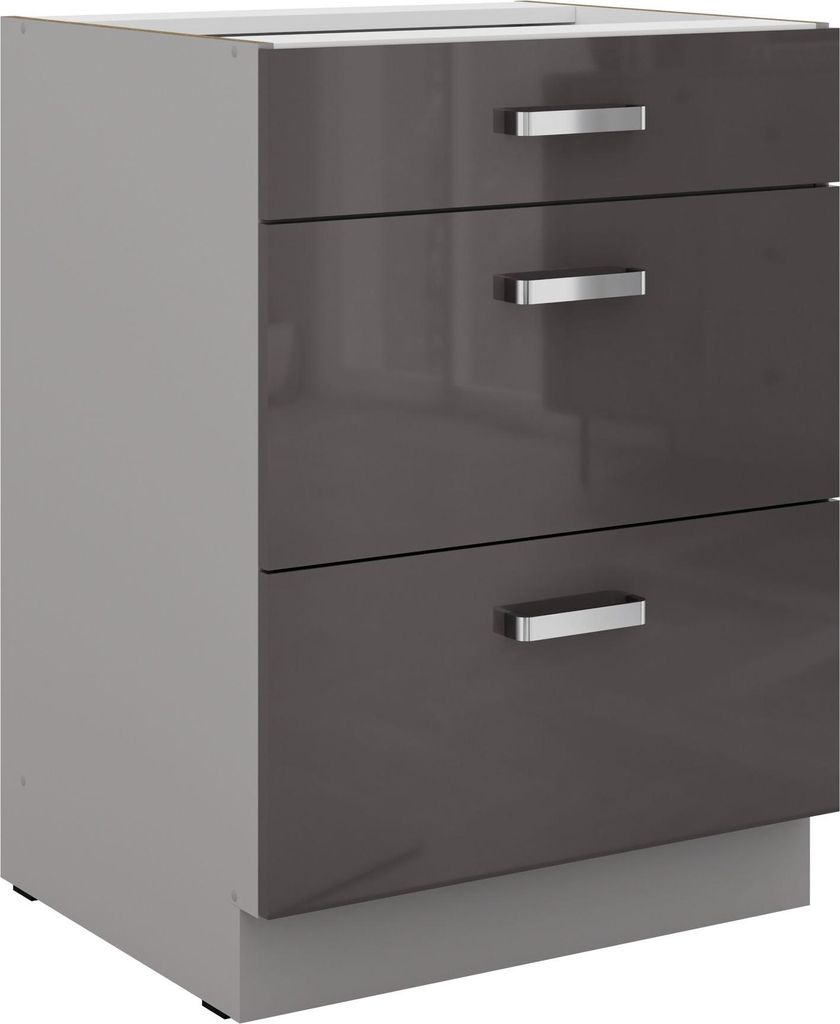 Küchen Unterschrank 60 cm Grau Hochglanz Vollauszug Produktbild 