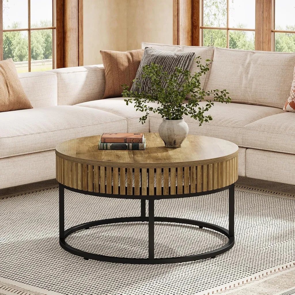 Tribesigns Table basse ronde 80 cm en bois marron clair style industriel - 3