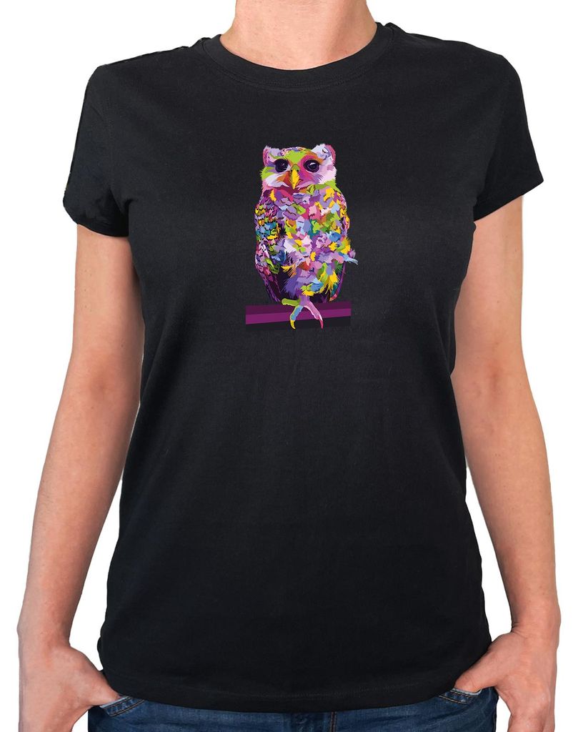 Huuraa Damen T-Shirt Eule Colorful L Black Bio Baumwolle Fairtrade Damenshirt Geschenkidee