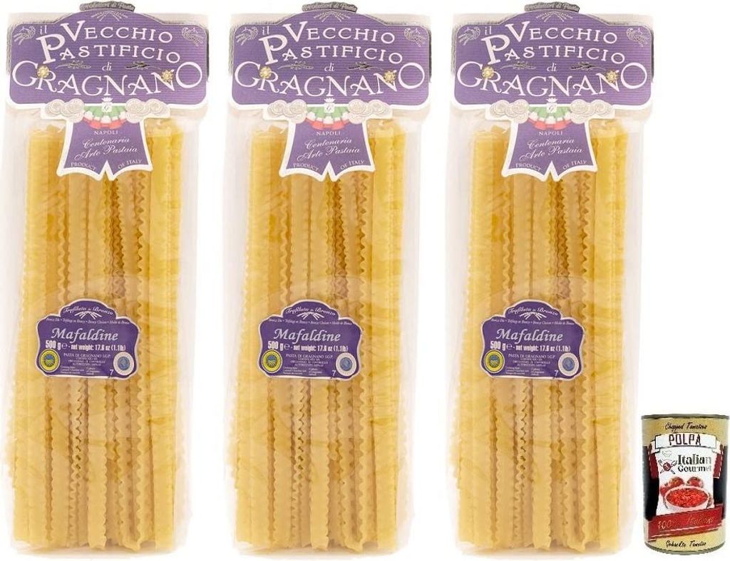 3x Il Vecchio Pastificio di Gragnano Pasta Mafaldine,Gragnano IGP-Nudeln aus Hartweizengrieß von höchster Qualität 500g + Italian Gourmet Polpa ...