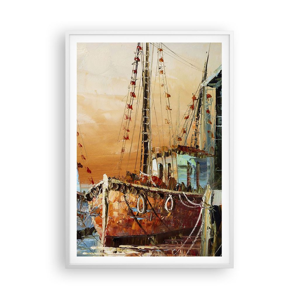 Gerahmtes Poster - Weißer Rahmen - Kutter Hafen Öl - 70x100 cm - Wand Bild - Wanddeko - Wandbilder - Kunstposter - Wandposter - Bilderrahmen - Bi...