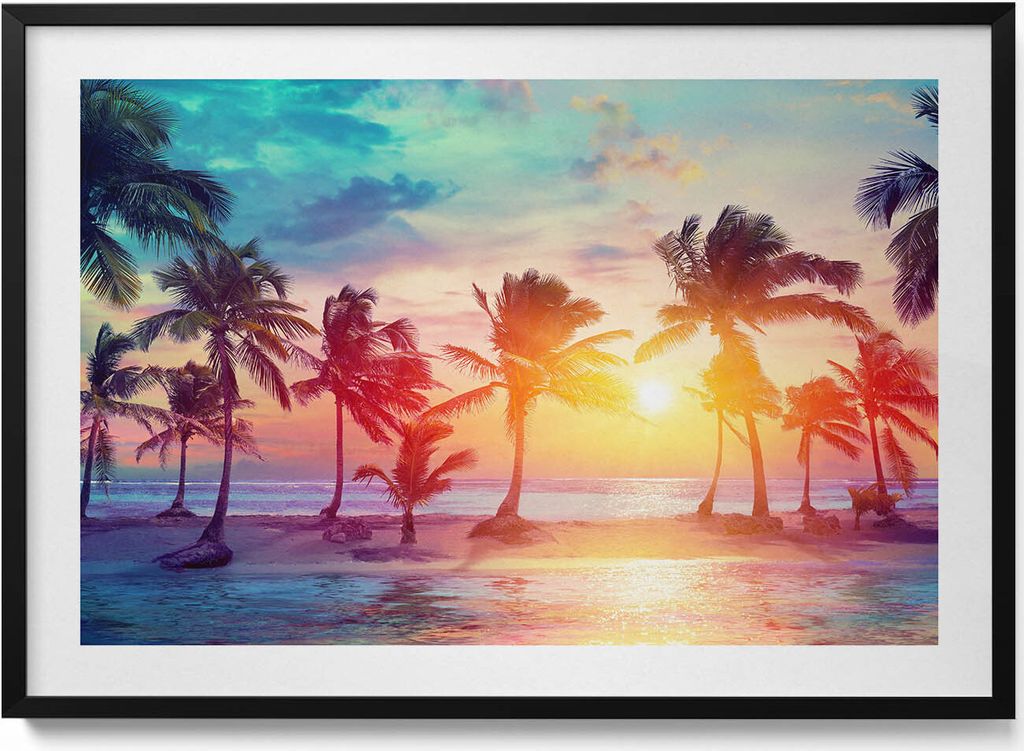 Palmen in Miami bei Sonnenaufgang– Wandbild mit Rahmen – Gerahmtes Bild – Wanddekoration – 100x70 cm – Schwarz Rahmen