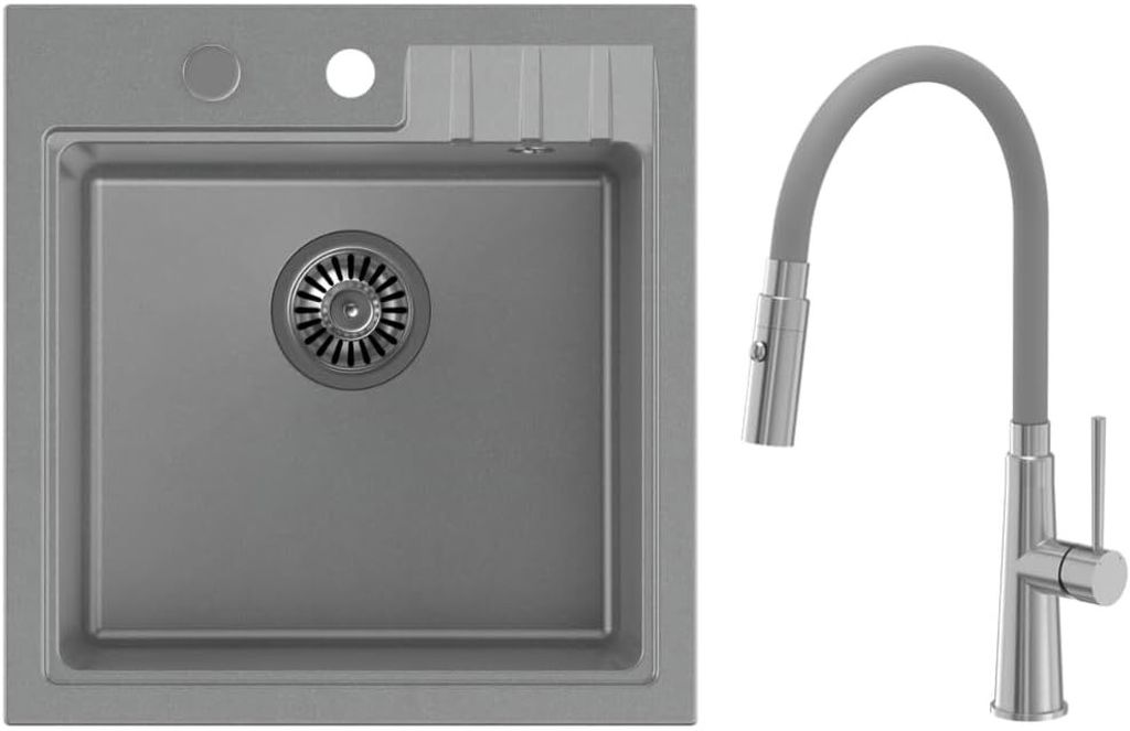 VBChome Spülbecken Granit Grau 52 x 50 cm Grau flexible Armatur Granitspülbecken Einzelbecken Einbauspüle Gesprenkelt Siphon
