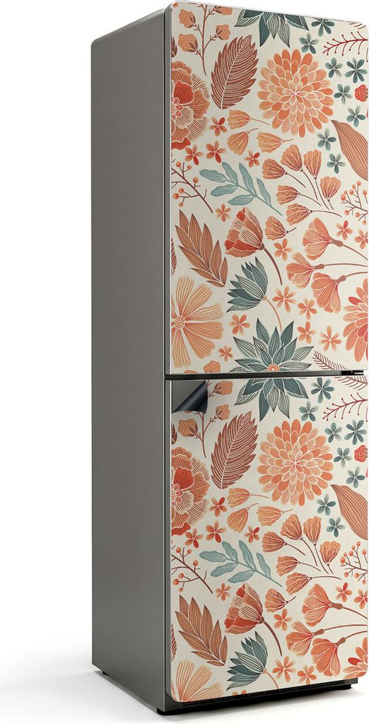 Blumenmuster mit Blättern – Magnetische Kühlschrank Abdeckung – Dekorfolie magnetisch Küche – Kühlschrank Magnet Deko – selbstklebende ...