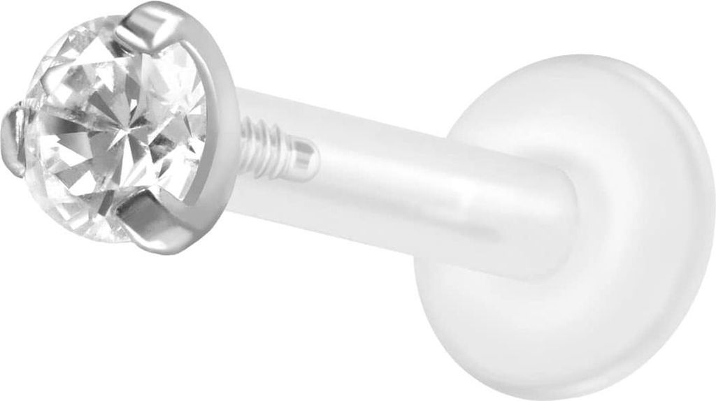 Ohrpiercing, Nasenpiercing PTFE Labret mit Innengewinde + Titan-Aufsatz EINGEFASSTER KRISTALL Silber Stablänge: 10mm | Stabstärke: 1,6mm | Krista...