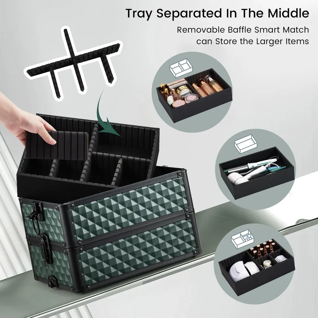 Valise maquillage design roulant avec 4 compartiments vert foncé chic - 5