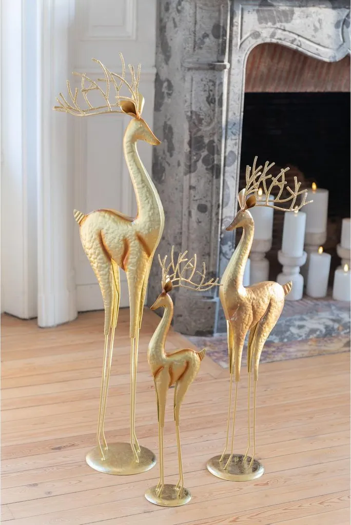 J-Line Renne sur Pied en Métal Doré Moyen Modèle pour Décoration Noël