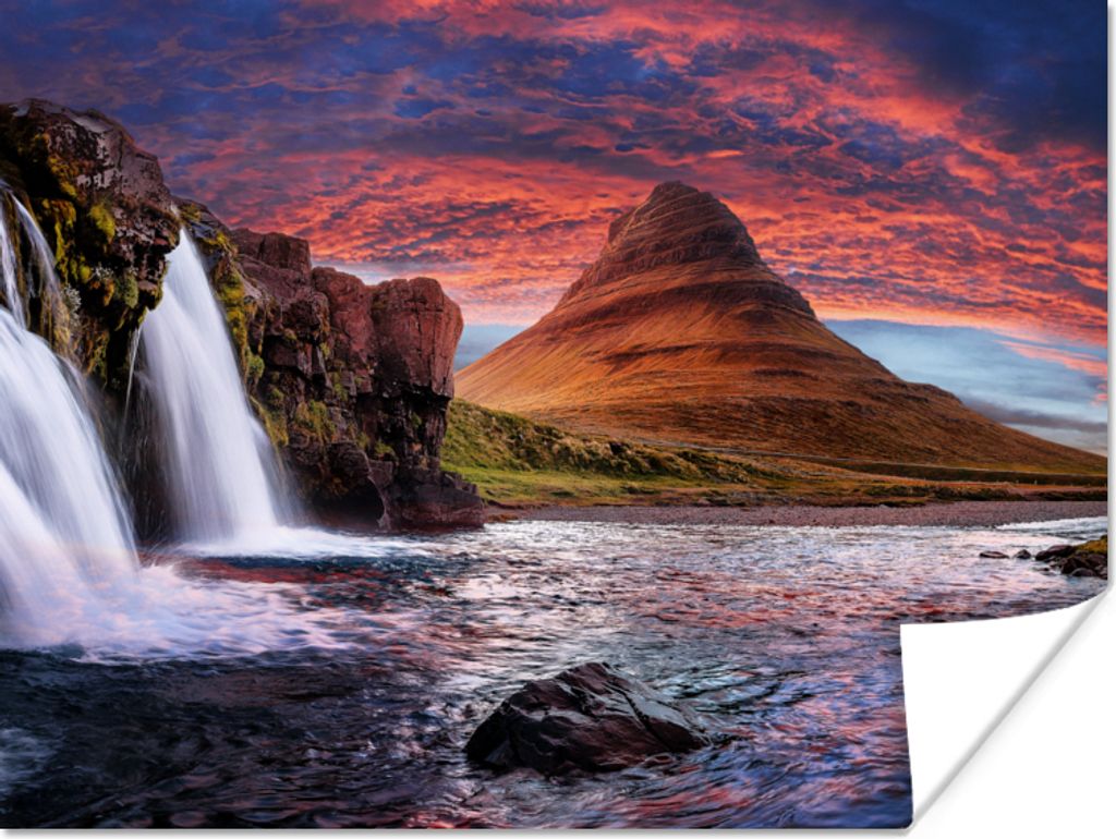 MuchoWow Poster Wasserfall - Berg - Wolken - Rosa - Landschaft 160x120 cm - Foto Plakat