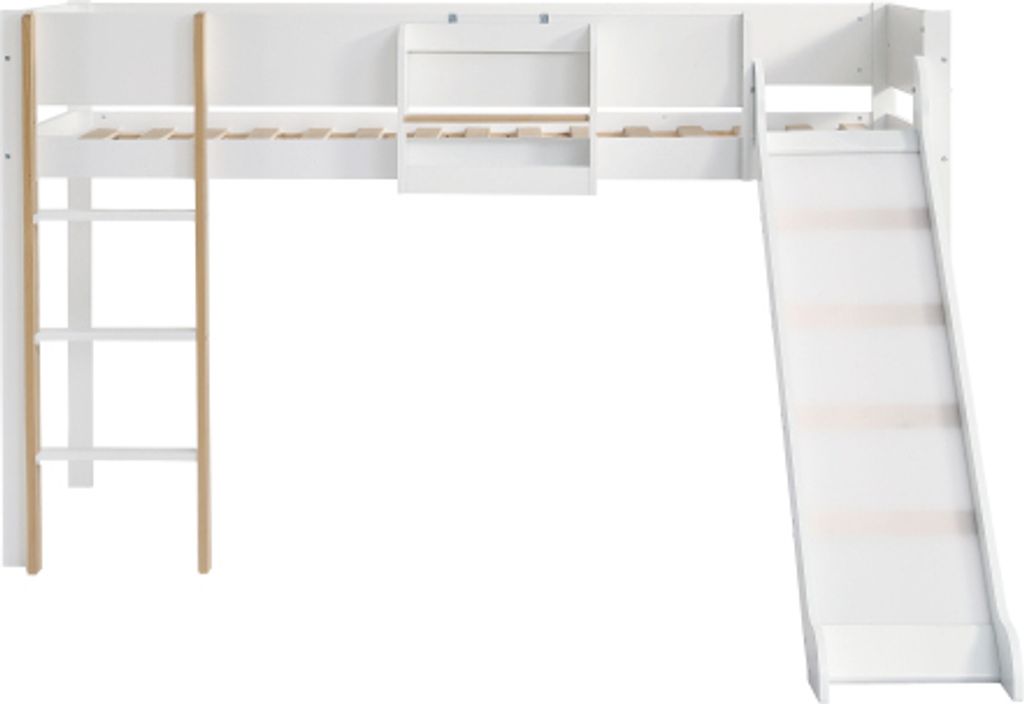 Hochbett 90x200 cm (Ohne Matratze) Weiss Natur Kinderbett mit dreistufiger Leiter Jugendbett mit Rutsche Abnehmbare Regal Kiefer MDF