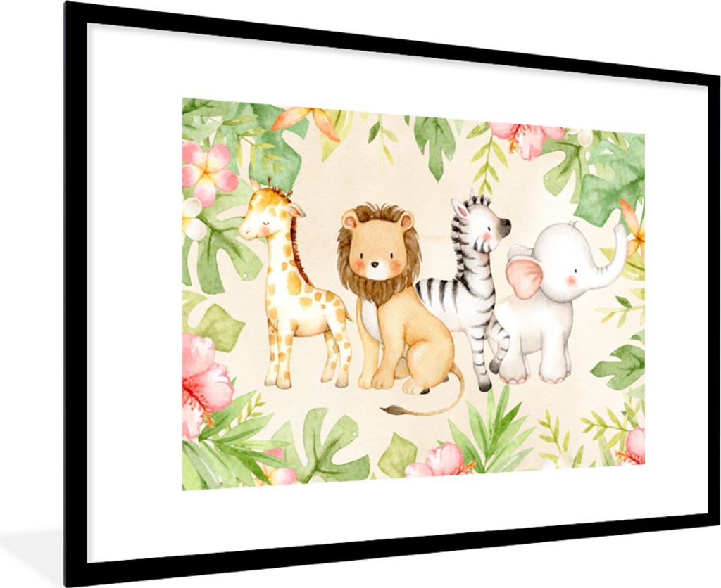 MuchoWow MuchoWow Gerahmtes Poster Dschungel - Tiere - Blumen - Pflanzen 90x60 cm - Poster mit zchwarzem Bilderrahmen - Wanddekoration - Fotos