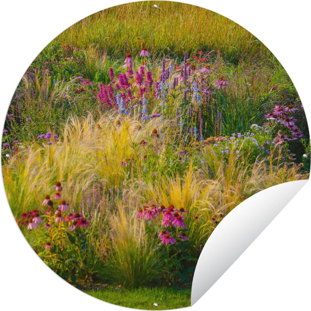 MuchoWow Gartenposter Outdoor-Poster Rund Ziergras mit farbigen Blüten Ø 90 cm Gartendeko Rundes Poster draußen