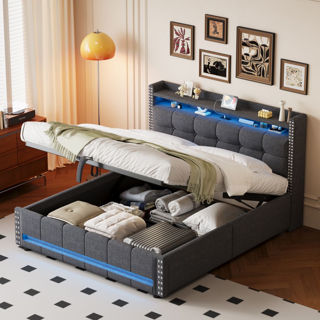 STILVORA Polsterbett 160x200 Doppelbett mit LED-Beleuchtung,Stauraumbett mit USB-Steckdose und Bettkasten/Kopfteil Stauraum,Grau(Ohne Matratze)