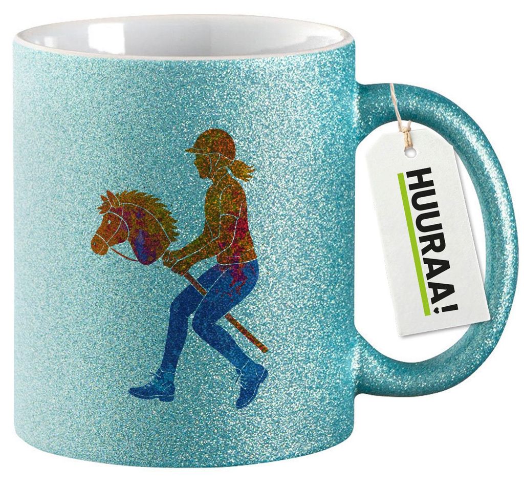 Huuraa Glitzertasse Hobby Horsing bunte Silhouette 330ml Blau Keramik Kaffeebecher Geschenkidee