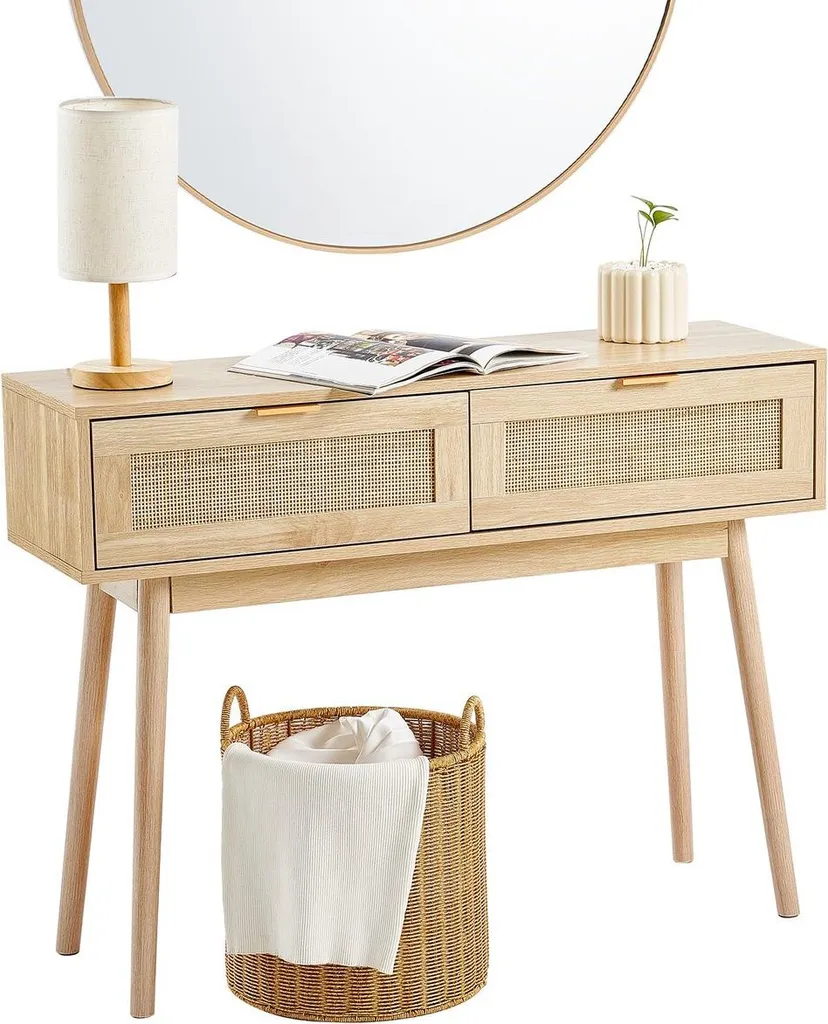 Table console 2 tiroirs en rotin véritable et porte gain de place