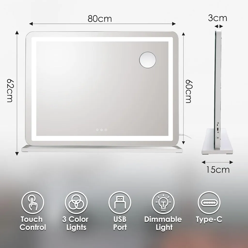 Miroir de coiffeuse LED 80x62 cm idéal pour maquillage de précision