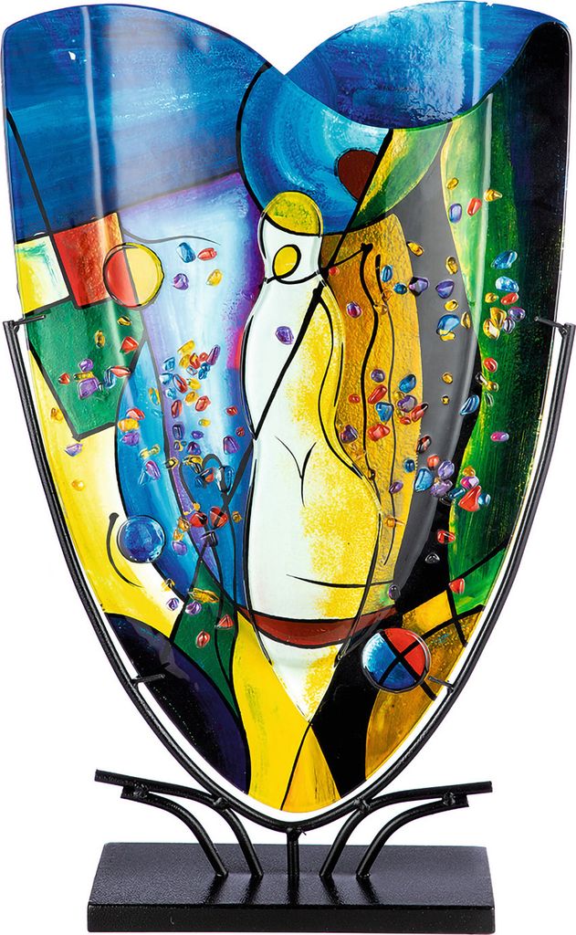Casablanca by Gilde GlasArt Dekovase "Magic" blau/gelb/grün, mit aufgesetzten Steinchen und Metallfuß, durchgefärbt, H.58 cm, Öffnung: B.23cm, ...
