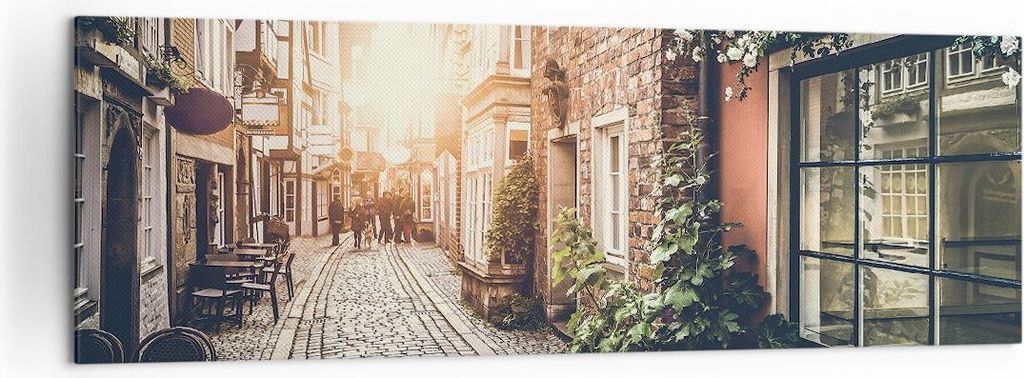 Bild auf Leinwand - Leinwandbild - Straße Haus Leute - 160x50cm - Wand Bild - Wanddeko - Wandbilder - Leinwanddruck - Bilder - Kunstdruck - Wandde...