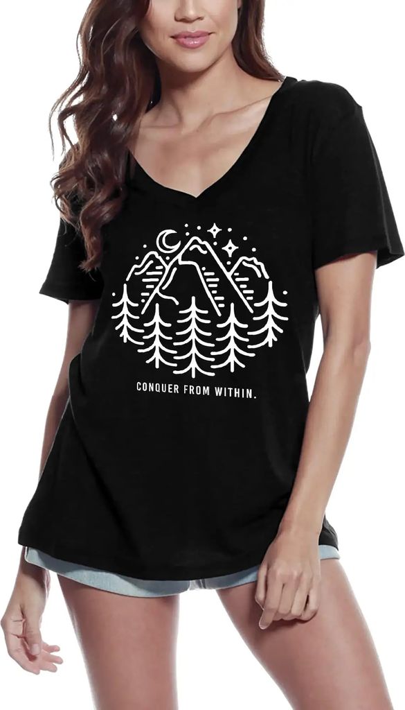 Damen Grafik T-Shirt V-Ausschnitt Camping Adventure Shirt - Erobern von innen – Camping Adventure Shirt - Conquer From Within – Öko-Verantwort...
