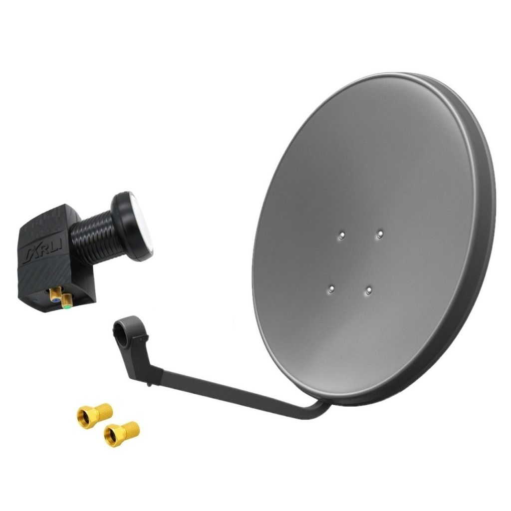 A satellite dish, LNB, and connectors are displayed against a white background.