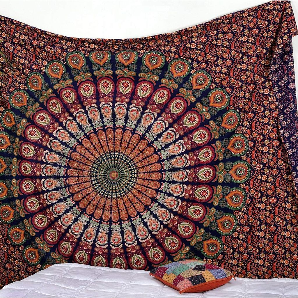 Traditioneller Mandala-Wandbehang im Hippie-Stil, floraler goldener Bettteppich mit Printmuster
