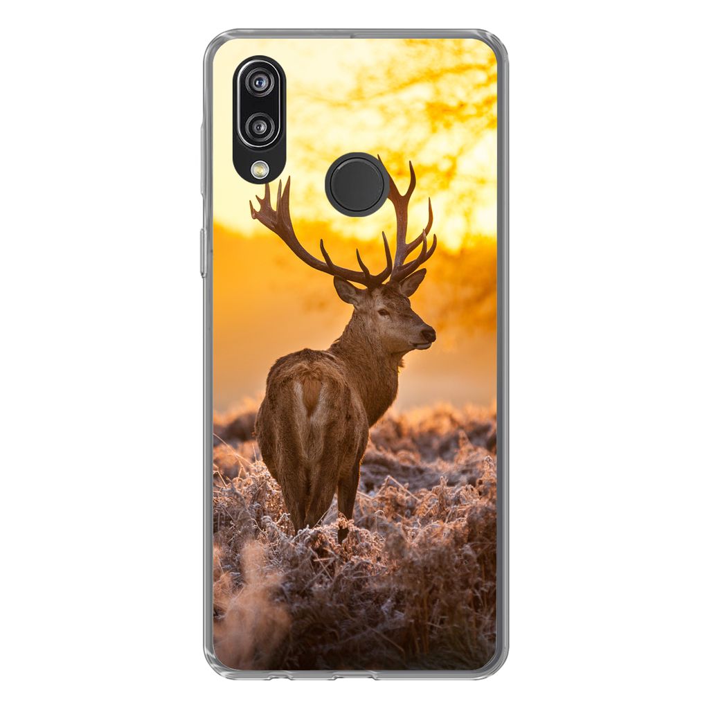 MuchoWow Handyhülle Schutzhülle Hülle für Huawei P20 Lite (2020) Hirsche - Tiere - Sonnenuntergang - Winter - Heidekraut - Natur Silikon Soft...