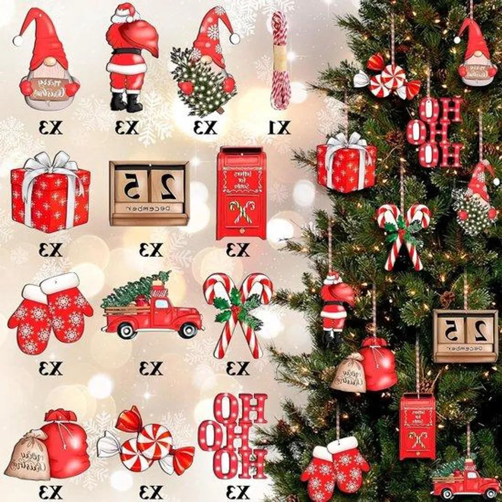 Suspensions de Noël en bois peint pour décoration de sapin - 36 pcs