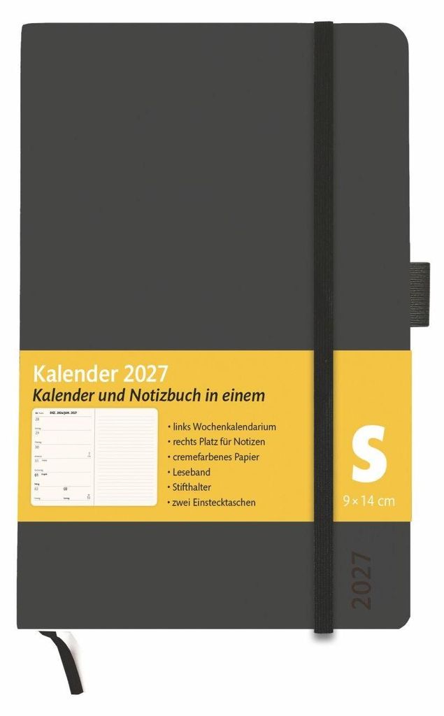 Heye Kombitimer Kalender 2027 schwarz 9 x 14 cm mit To-Do-Listen und Lesebändchen
