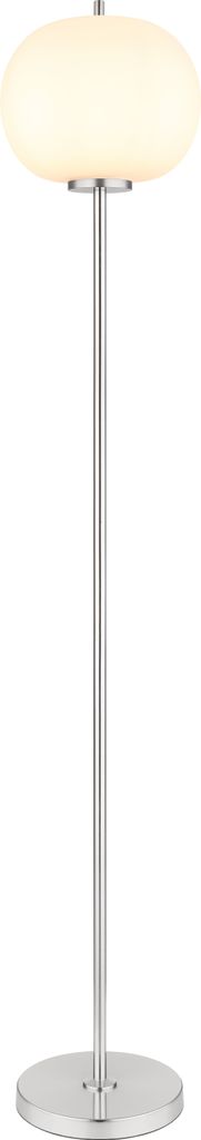 A modern floor lamp with a brushed nickel finish and a white, oval-shaped shade.