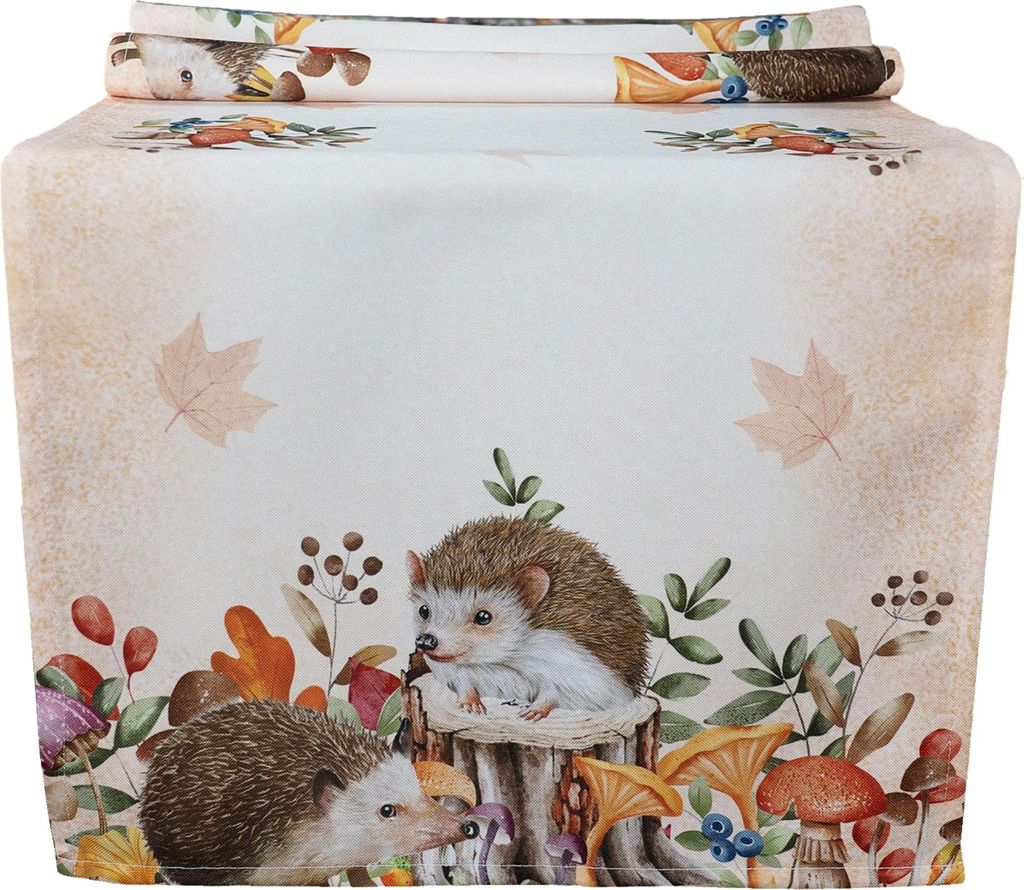 Tischläufer Herbst 40 x 140 cm mit Motiv Igel als Randmotiv & Pilzen