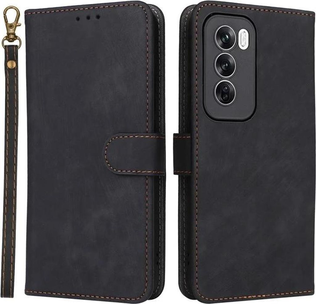 Hülle für Oppo Reno12 - Phonesta Vintage Skin Book Wallet Klapphülle mit abnehmbarer Kordel - Schwarz