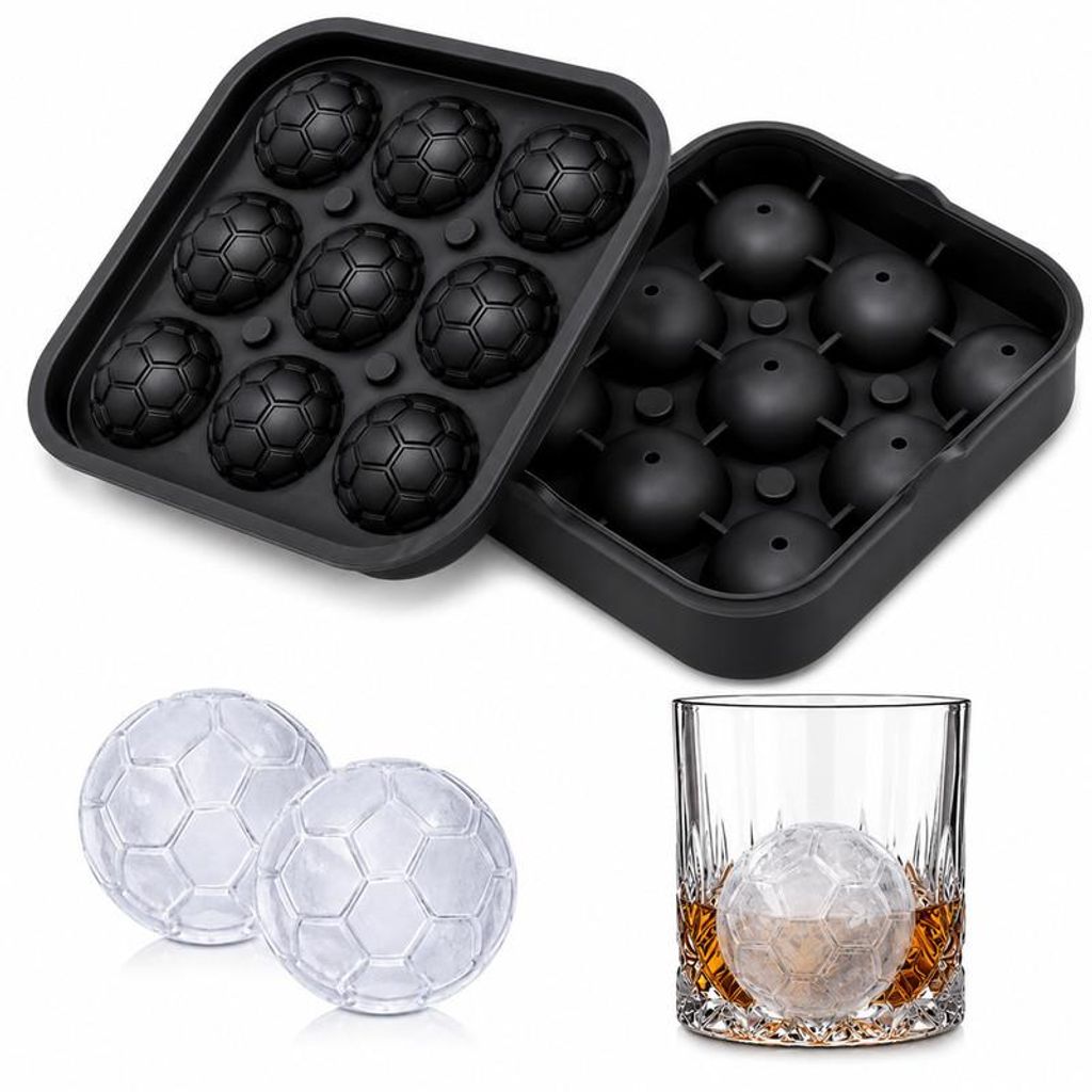 Fußball Eiswürfel Silikonform 9-fach mit Deckel -40°C hitzebeständig flexible Ice Maker für Getränke Party Geschenkidee