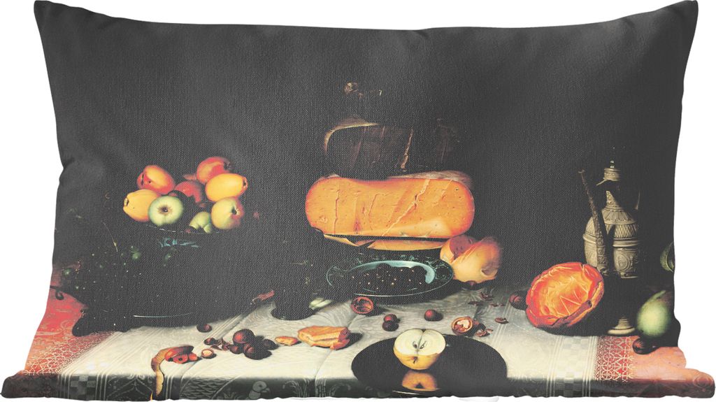 MuchoWow Zierkissen Sofakissen Wohnzimmer Dekokissen 60x40 cm Stilleben mit Käse - Kunstwerk - Alte Meister - Kopfkissen - Polster mit Foto