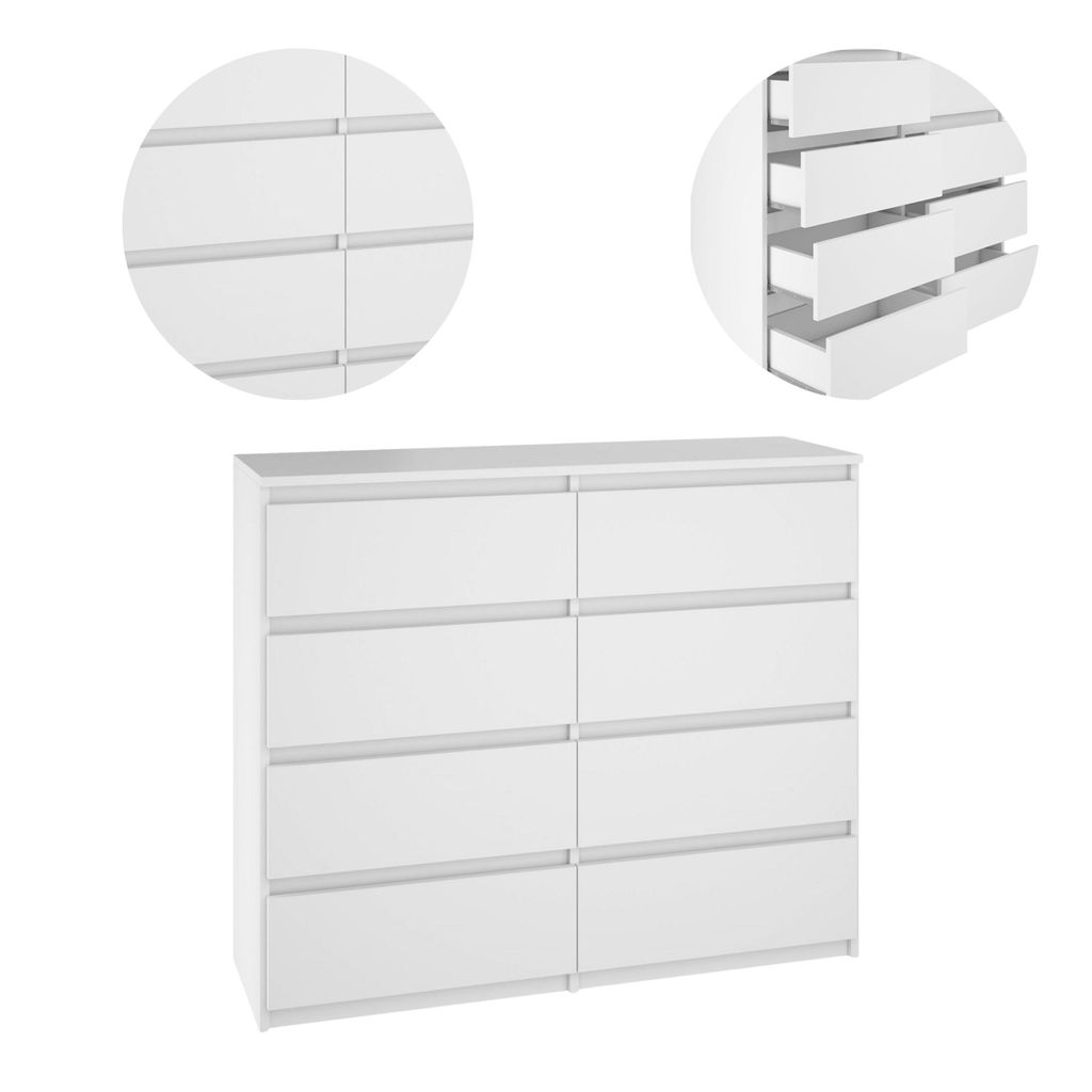YUMEBLY Kommode mit 8 Schubladen | 100x97x40 cm | Schrank für Kleidung, Dokumente, kleine Gegenstände | Schlafzimmer, Wohnzimmer, Büro | Weiß