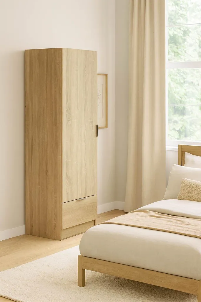 Garde-robe 1 porte Dello en chêne brun et son étagère de rangement