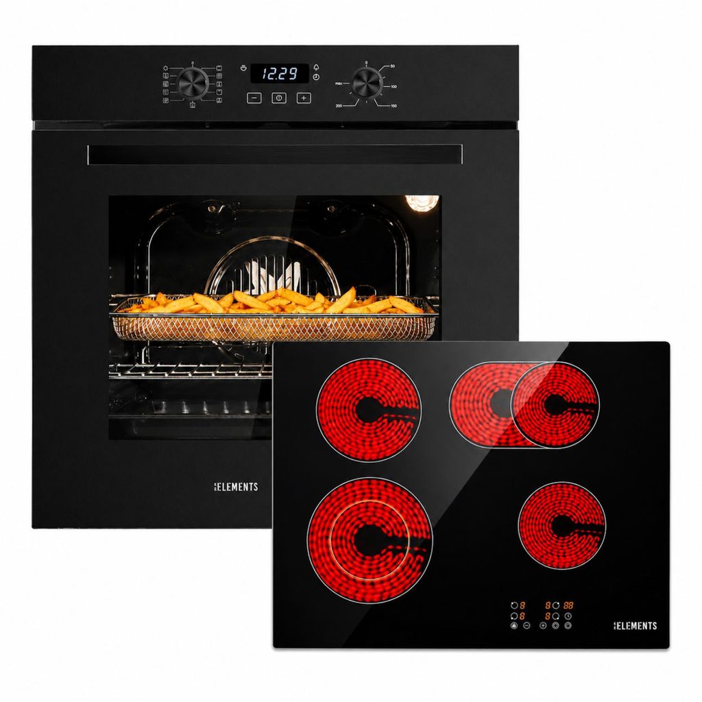 KB ELEMENTS Herdset Autark Glaskeramikkochfeld mit Flexzone + Einbaubackofen 60 cm, Air Fry, Steam Clean, Heißluft, A+
