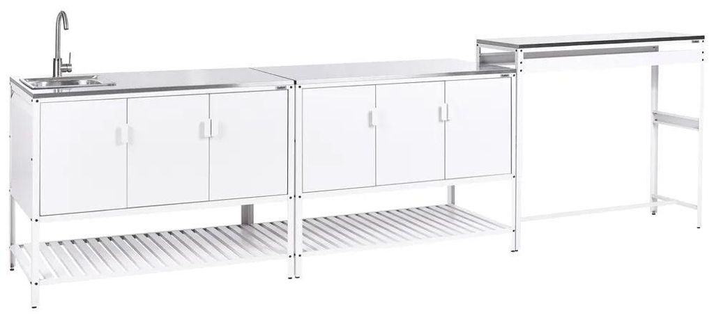 BELIANI Outdoor-Küche 3er Set Weiß Stahl mit Spüle Bartisch Edelstahlplatte Modern Gartenküche Outdoor-Küchenmöbel Kücheninsel für Garten D...