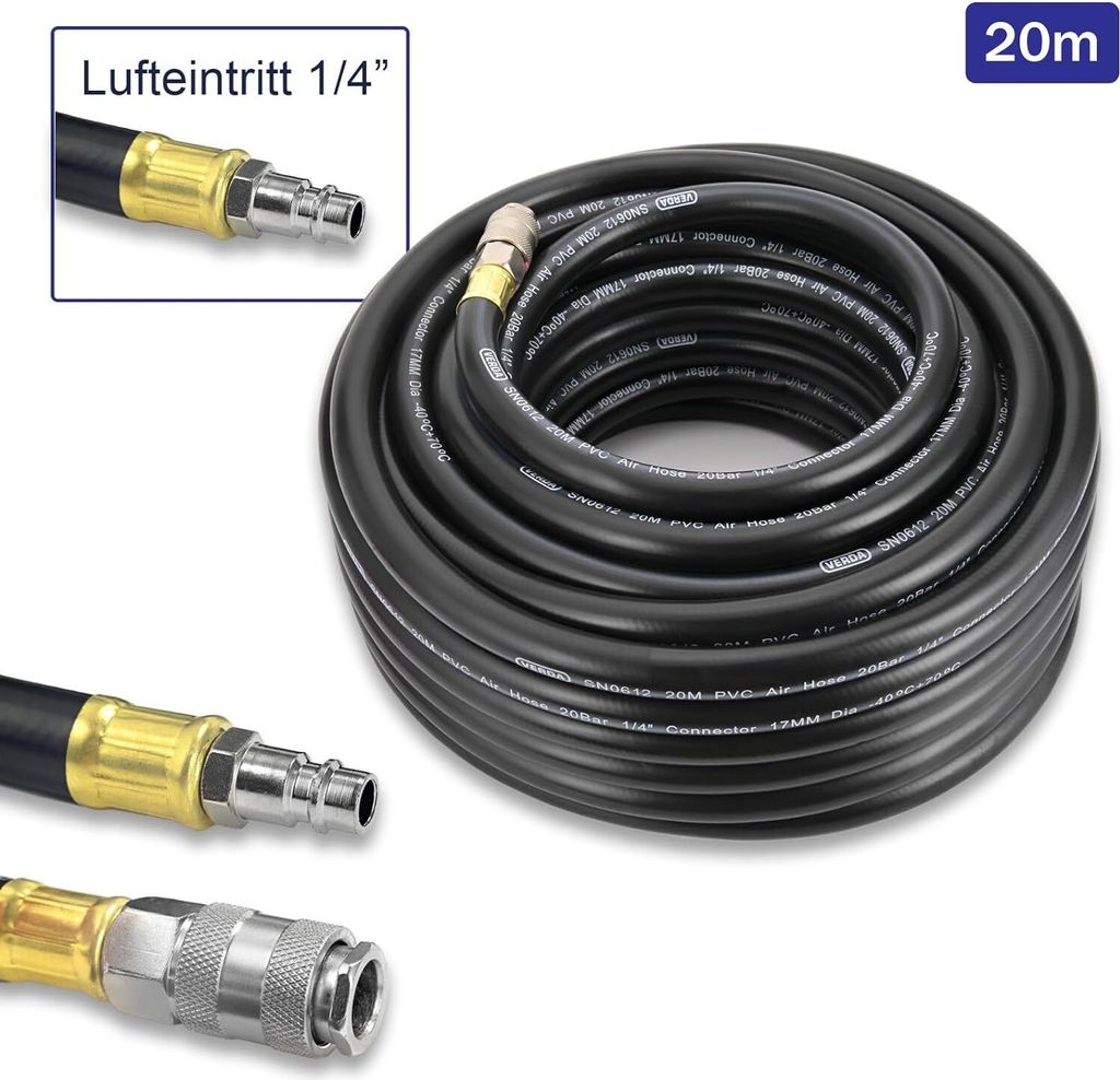 Verda Druckluftschlauch 20m Gummi Druckluft 10x17mm Schnellkupplung Kompressor (SN6012)